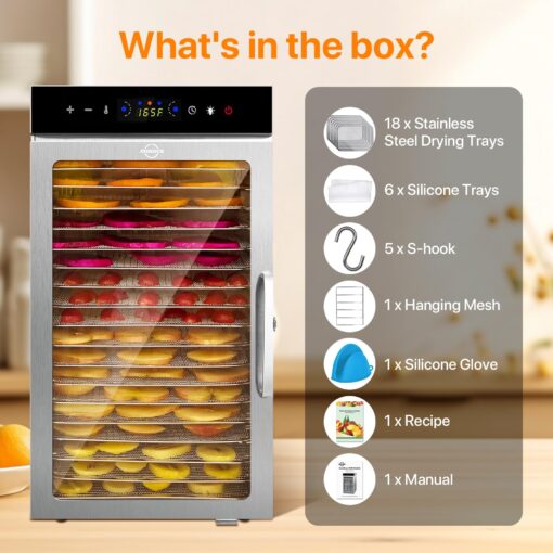 Commercial Food Dehydrator Machine 18-Tray, 86-194℉ Temperature Control, 800W Fast Drying Dehydrater, Low Noise <45dB, 24H Timer, LED Display, Stainless Steel Dehydrator for Meat Jerky Beef Fruit Herb - Image 7