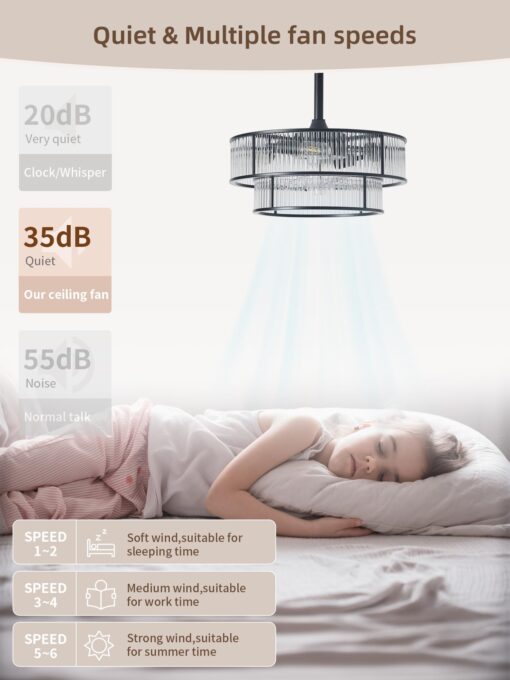 YADZSLY Black Fandelier Ceiling Fans with Lights, 20" Black Crystal Chandelier Ceiling Fan with Light Remote Control, Caged Mid Century with 6 Speeds for Bedroom, Living Room, Nursery - Image 8