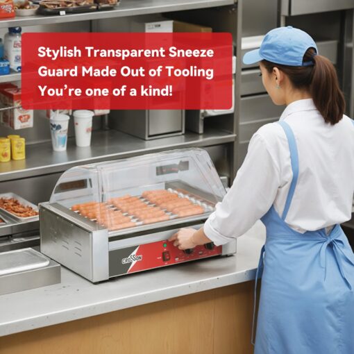 CROSSON Hot Dog 9 Roller Grill Cooker Machine with Transparent Sneeze Guard,9 Nonstick 304SS Rollers and Dual Temp Control,Commercial Hot Dog Cooker Machine-120V, 1350W - Image 6