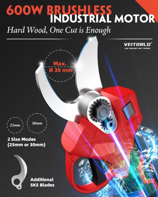VEITORLD 2-IN-1 Cordless Electric Pole Pruning Shears, 15ft Reach, 1.2" Cutting Diameter, Battery Powered with 2x 2000mAh, Brushless Motor for Efficient Garden Tree Trimming, Branch Cutting（Red） - Image 5