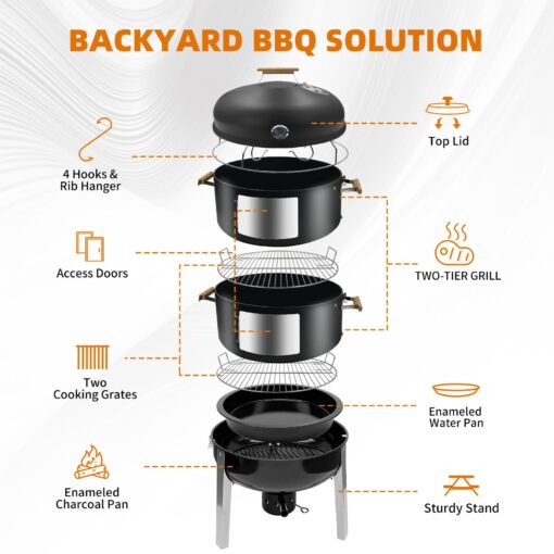 Realcook Vertical Charcoal Smoker Grills: Premium 20.5 Inch BBQ Meat Smokers - Barbecue Charcoal Grill Smoker Combo for Outdoor Cooking Patio Backyard Picnic Party Grilling - Image 3