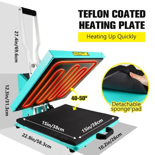 ColorSub Heat Press Machine for T-Shirt 15x15, Digital Industrial Quality Heat Press Machine Clamshell Transfer Sublimation Print Press Machine Teal - Image 5