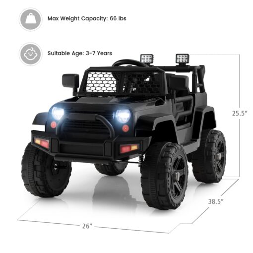OLAKIDS Kids Ride On Truck, 12V Electric Vehicle Jeep Car with Remote Control, Toddlers Battery Powered Toy with 2 Speeds, Spring Suspension, Double Open Doors, LED Lights, Music, TF, USB, Mp3 (Black) - Image 4