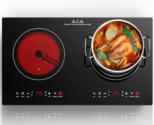 Electric Cooktop 24 Inch,Electric Stove 2 Burners 110V Built-in and Countertop Plug in 2400w,LED Touch Screen,9 Heating 9 Temperature,Overheat Protection,Kids Lock & Timer,Suitable for all Pans