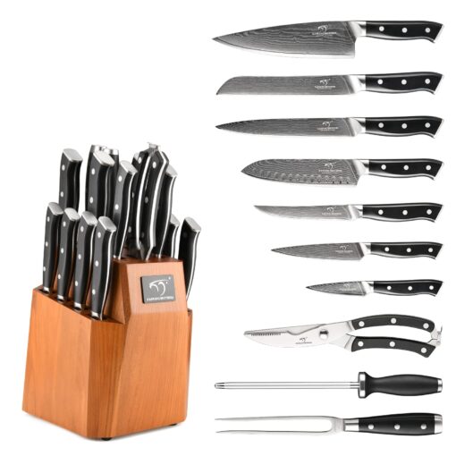 Kitchen Knife Set, 18-Piece Damascus Kitchen Knife Set with Block, ABS Ergonomic Handle for Chef Knife Set, Knife Sharpener and Kitchen Shears, Knife Block Set - Image 9