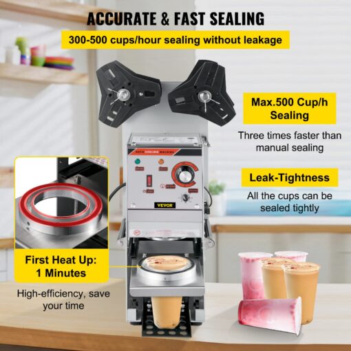 VEVOR Semi-automatic Cup Sealing Machine, 300-500 Cup/h Tea Cup Sealer Machine, Silver Boba Cup Sealer Machine, 90/95mm Cup Diameter Boba Cup Sealing Machine with Control Panel for Bubble Milk Tea - Image 8