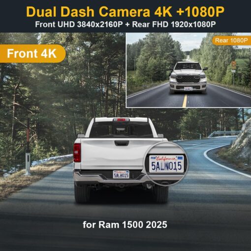 Fitcamx Front 4K+Rear 1080P Dash Cam for 2025 RAM 1500 (HD2-D4120) Tradesman HFE Big Horn Lone Star, OEM Look, Dual HD Video, WiFi & APP, Loop Recording, G-Sensor, Easy to Use, 128GB Card - Image 7