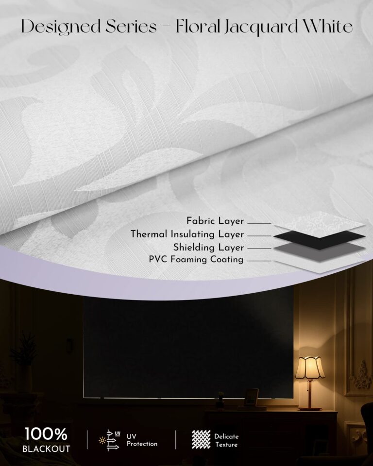 Graywind Smart Blackout Roller Shades Work with Alexa Google Patterned Textured Fabric Rechargeable Motorized Blinds Cordless Remote Control Window Shades, Custom Size (Floral Jacquard White) - Image 4