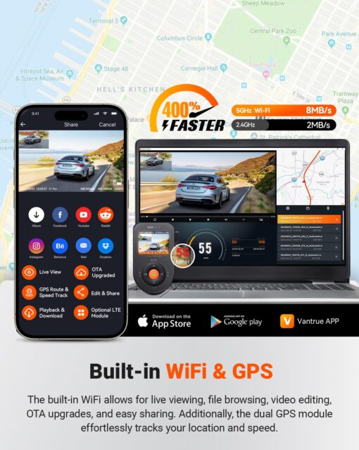 Vantrue S1 Pro 2.7K Dual Dash Cam Front and Rear, 5G WiFi 60FPS Hidden Dash Camera w/HDR Night Vision, STARVIS 2, Optional Remote Live View, GPS, Voice Control, 24/7 Parking Mode, Support 512GB Max - Image 7