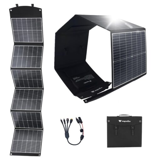wagnation 200W Portable Solar Panel, Foldable Solar Charger with QC3.0 USB-A, Type-C & MC4 Output for Phone, Laptop, Power Station, IP65 Waterproof for Outdoor Camping, Hiking, Backpacking