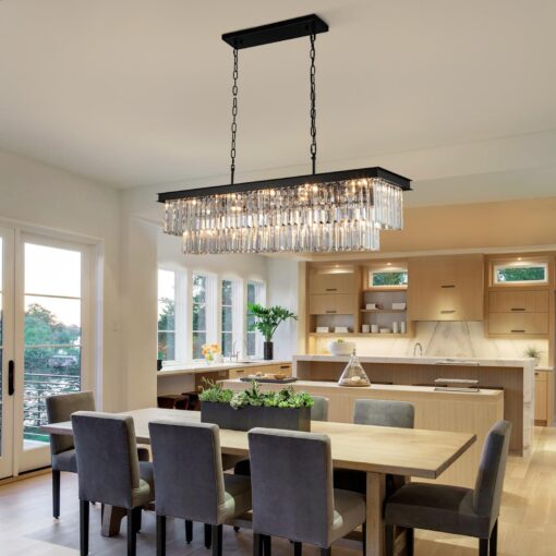Weesalife Crystal Chandeliers for Dining Room Light Fixtures Over Table，15-Lights Black Modern Rectangle Chandeliers for Kitchen Island Bar L40 Inch - Image 3