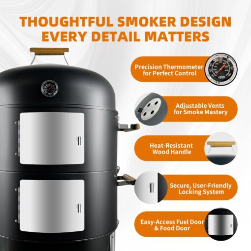 Realcook Vertical Charcoal Smoker Grills: Premium 20.5 Inch BBQ Meat Smokers - Barbecue Charcoal Grill Smoker Combo for Outdoor Cooking Patio Backyard Picnic Party Grilling - Image 7