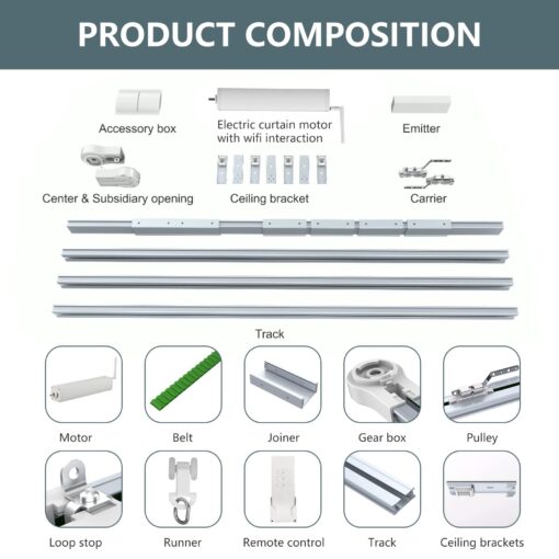 Smart Curtain Tracks WiFi Control by Phone, Support Voice Control for Alexa, Google Home, Tuya App Remote Automated Curtain Smart Curtains Opener Motorized Curtains Rods with Remote Control (125'') - Image 3