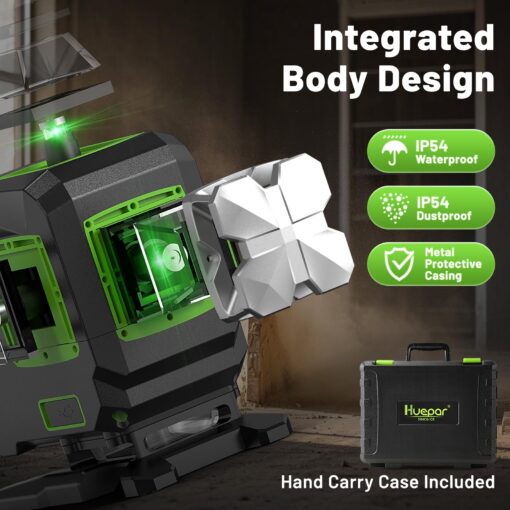 Huepar Laser Level 360 Self Leveling, 4x360° Green Cross Line Laser with LCD Screen, 4D Bluetooth Outdoor Pulse Mode Laser Tool for Construction -Remote Control, Li-ion Battery or 4 AA Batteries-S04CG - Image 4