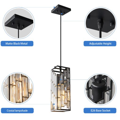 FDPBY Black Pendant Lighting Modern Pendant Light, Mini Crystal Chandeliers,Adjustable Pendant Light Fixture for Kitchen Island Dinning Room Bedroom (3 Pack) - Image 4