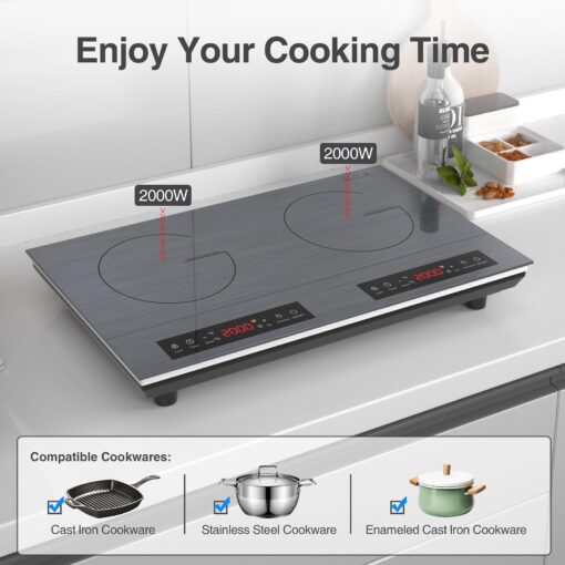 VBGK Double Induction Cooktop, 24 inch 4000W Electric cooktop with hot plate, induction stove top with LED Touch Screen 9 Levels Settings with Child Safety Lock & Timer 110V Induction cooktop 2 burner - Image 5