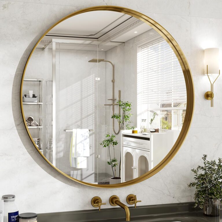 Easly 36 Inch Gold Round Bathroom Mirror - Wall Mounted Circle Mirror with Metal Frame, Modern Mirror Suitable for Bathroom, Vanity, Entryway, Living Room, Wall Decor - Image 2