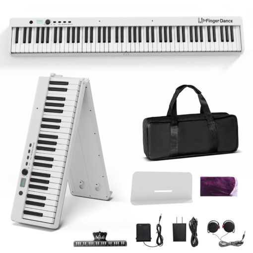 Finger Dance Folding Piano Keyboard 88 Keys, Portable Electric Keyboard with Bluetooth MIDI, Full Size Digital Piano, Wood Grain, Semi-Weighted, Touch Sensitive, with Storage Bag for Beginner