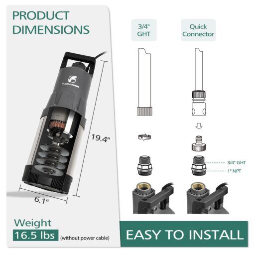 FLUENTPOWER Deep Well Submersible Pump, 1.5HP 115V, 1700GPH, 147' Head, Automatic On/Off Water Pump with 49ft Cord, Stainless Steel, for Garden Home Watering and Farmland Irrigation - Image 2