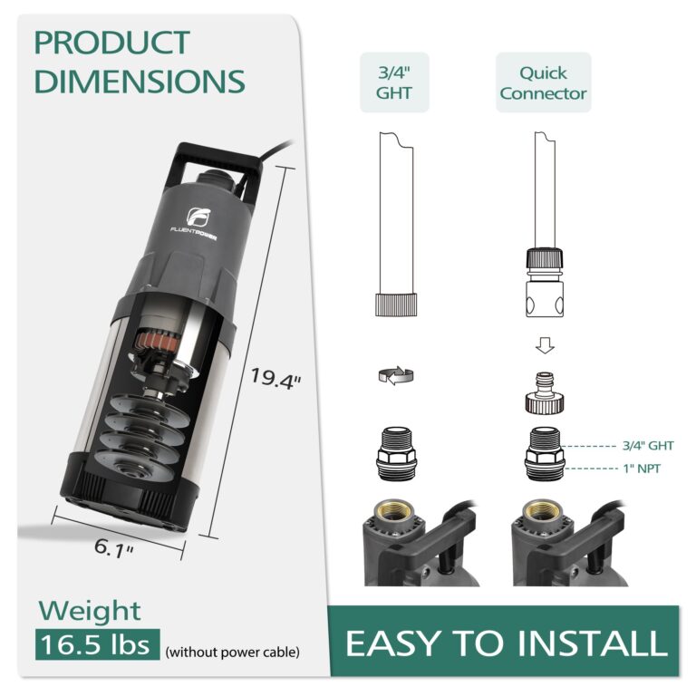FLUENTPOWER Deep Well Submersible Pump, 1.5HP 115V, 1700GPH, 147' Head, Automatic On/Off Water Pump with 49ft Cord, Stainless Steel, for Garden Home Watering and Farmland Irrigation - Image 2