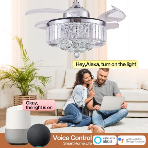 DuMaiWay Crystal Chandelier Fan - 36" Smart Ceiling Fan with Light and Remote Alexa WiFi Fandelier Retractable Dimmable for Bedroom Living Room Modern Silver - Image 6