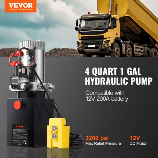 VEVOR Hydraulic Pump, 4 Quart Hydraulic Power Unit, Single Acting Dump Trailer Pump, 0.91 GPM Flow Rate, 3200 PSI Max Relief Pressure, DC 12V Hydraulic Pump for Dump Trailer Car Lifting - Image 9