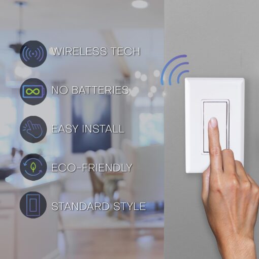 RunLessWire 3-Way Remote Light Switch Kit Wireless Battery-Free Self-Powered Kinetic DIY Wall Switch 150ft RF Range - 3 Way: 1 On/Off Receiver, 2 Switches - White - Image 5