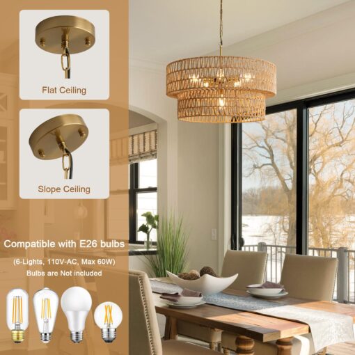 23.6" Boho Rattan Chandelier, 6-Light Large Rattan Pendant Light with 2-Tier Wicker Shade, Bohemian Farmhouse Ceiling Light Fixture Chandelier for Dining Room, Living Room, Bedroom, Kitchen Island - Image 6