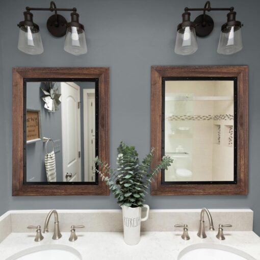 YOSHOOT Rustic Wooden Framed Wall Mirror, Natural Wood and Iron Bathroom Vanity Mirror for Farmhouse Decor, Vertical or Horizontal Hanging, 53" x 28", Brown - Image 4