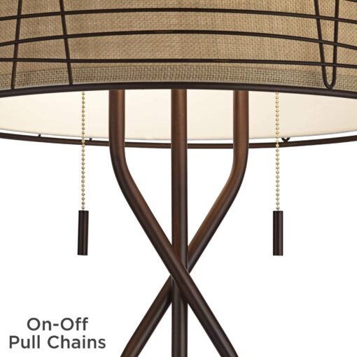 Franklin Iron Works Marlowe Industrial Rustic Farmhouse Floor Lamp Standing 60 1/2" Tall Bronze Woven Iron Metal Burlap Fabric Double Drum Shade for Living Room Reading Bedroom Office House Home - Image 3
