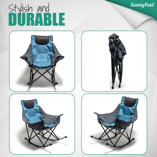 SUNNYFEEL Rocking Camping Chair, Luxury Padded Recliner, Oversized Folding Lawn Chair with Pocket, Heavy Duty for Outdoor/Picnic/Lounge/Patio, Portable Camp Rocker Chairs with Carry Bag - Image 2