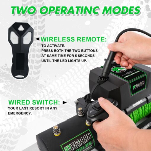 STEGODON Winch 9500lb Winch 12V Waterproof Electric Winch Synthetic Rope Winch with Wireless Remote and Corded Control for Truck SUV Jeep Wrangle (Green Rope) - Image 6