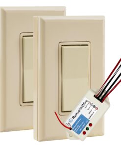 RunLessWire Low Voltage 8-30VDC Dimming Self Powered (NO Batteries) Wireless Light Switch - No Wiring, Battery, or WiFi Needed - 3-Way Low Volt Dimmer Kit: 1 Receiver, 2 Switches - Light Almond