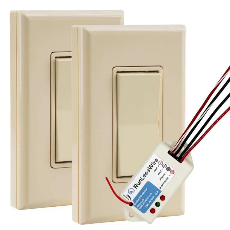 RunLessWire Low Voltage 8-30VDC Dimming Self Powered (NO Batteries) Wireless Light Switch - No Wiring, Battery, or WiFi Needed - 3-Way Low Volt Dimmer Kit: 1 Receiver, 2 Switches - Light Almond