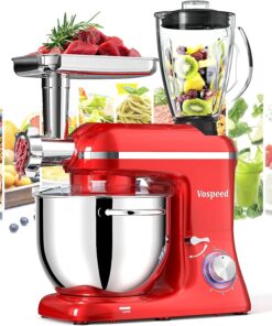 Vospeed 9 IN 1 Stand Mixer, 850W Tilt-Head Multifunctional Electric Mixer with 8 QT Stainless Steel Bowl, 1.5L Glass Jar, Meat Grinder, Hook, Whisk, Beater Dishwasher Safe (Red)