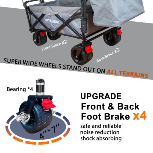 SKYMANOR Collapsible Wagon Folding Garden Cart with Removable Canopy Utility Wagon Cart with All-Terrain Wheels 4 Brake Beach Cart Heavy Duty Beach Wagon for Camping (Light&Dark Gray Splicing) - Image 4