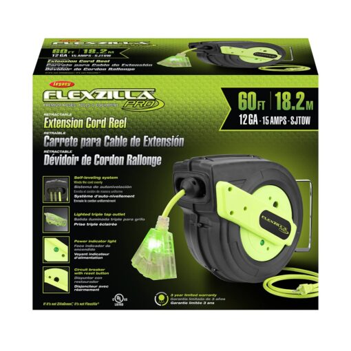 Flexzilla Retractable Extension Cord Reel, 12/3 AWG SJTOW Cord, 60', Grounded Triple Tap Outlet, ZillaGreen, FZ8120603 - Image 7
