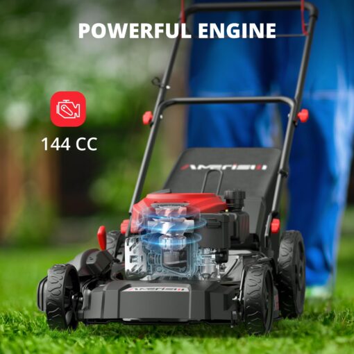 AMERISUN 21" Steel Deck Gas Lawn Mower, Heavy-Duty 3-in-1 Push Mower, 144cc 4-Stroke Engine, 6-Position Height Adjustment, Large 1.4 Bushel Grass Catcher, Durable & Efficient for Yard & Garden - Image 3