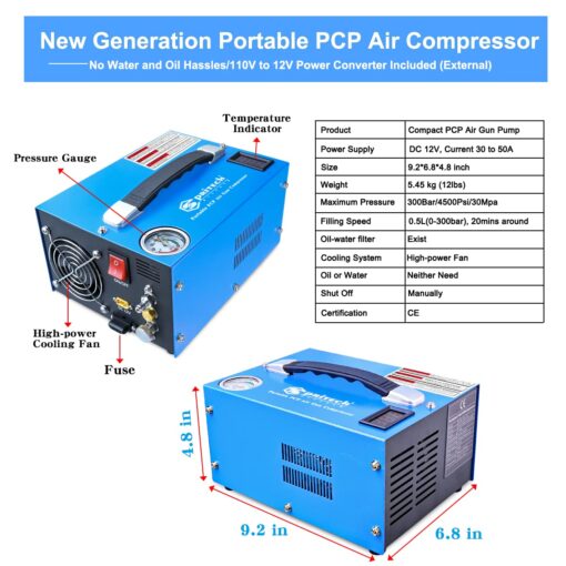 Spritech PCP Air Compressor, Portable 4500Psi/30Mpa, Water/Oil-Free, PCP Rifle/Pistol and Paintball Tank Air Pump, Powered by 12V Car DC or Home 110V AC with Power Converter and Oil-Moisture Filter - Image 3