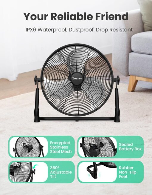 18" Portable Battery Operated Fan, Rechargeable Floor Fan, Hi-Velocity Cordless Camping Fan, Hi-Airflow Industrial Wireless Fan, Quiet Fan, USB Phone Charge, 12-60H Runtime, For Home, Outdoor, Garage - Image 3