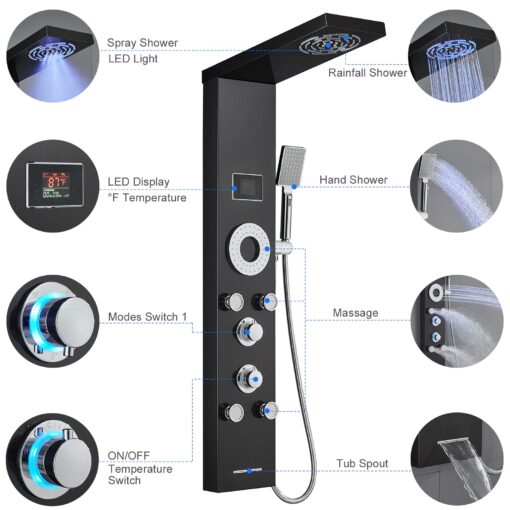 TSIBOMU LED Shower Panel Tower System, 304 Stainless Steel Bathroom Shower Tower with 3 Body Massage Jets, Shower Column Wall Mounted - Image 4