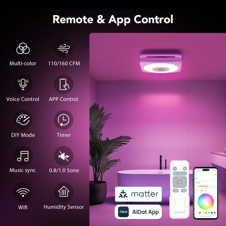 OREiN Matter Smart Bathroom Exhaust Fan with Light, 110/160 CFM 0.8/1.0 Sones Bathroom Fan with Bluetooth Speaker, Exhaust Fans with Humidity Sensor & Remote, APP Control, 1500lm 2700k-6500k Dimming - Image 7