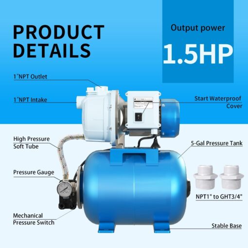 FOTING 1.5HP Shallow Well Pump with Pressure Tank, 1340GPH Irrigation Jet Pump, 115V Automatic Water Pumps Booster System 164FT for Garden Lawn Farm Home - Image 8