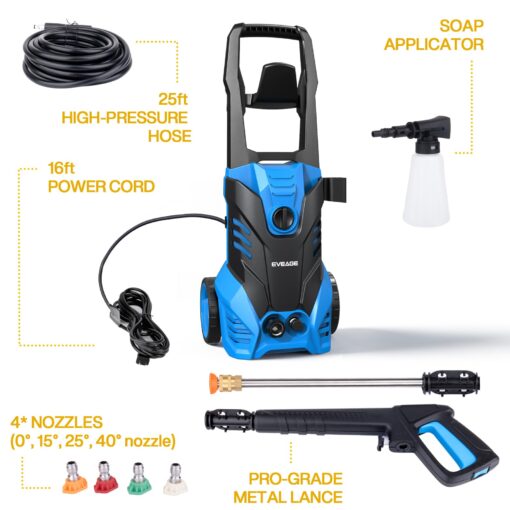 EVEAGE Electric Powerful Pressure Washer - 3500PSI Max 2.5GPM Power Washer with 20FT Hose 4 Quick Connect Nozzles, Soap Tank Clean Cars, IPX5 Car Wash Machine/Car/Driveway/Patio Clean - Image 7