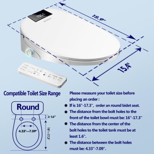 WLJBIDET Upgrade Smart Bidet Toilet Seat - Round, Electronic Heated Bidet with Adjustable Warm Air Dryer, Unlimited Warm Water, Night Light, Slow Close Seat & Lid, Remote Control - Image 3