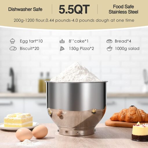 OSTBA Die-Cast Stand Mixer, 8 Speeds, 600W, 5.5Qt Tilt-Head, Stainless Steel Bowl, Dishwasher Safe, Dough Hook, Egg Whisk, Mixer Beater, Splash Guard, Almond Cream - Image 5