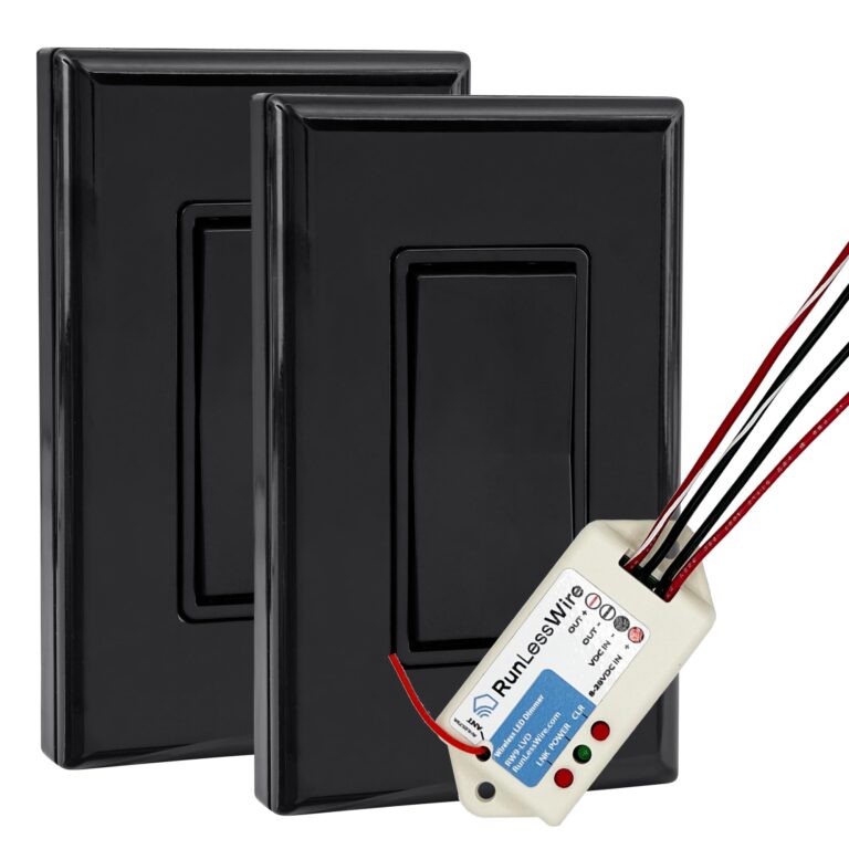 RunLessWire Low Voltage 8-30VDC Dimming Self Powered (NO Batteries) Wireless Light Switch - No Wiring, Battery, or WiFi Needed - 3-Way Low Volt Dimmer Kit: 1 Receiver, 2 Switches - Black