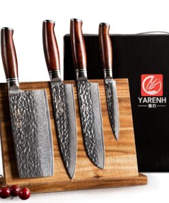 YARENH Cleaver Knife Set with Magnetic Block, Damascus Stainless Steel,73 Layers, 5 Piece Professional Sharp Kitchen Knife Set for Chef, Full Tang, Sandalwood Wood Handle