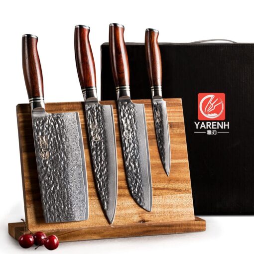 YARENH Cleaver Knife Set with Magnetic Block, Damascus Stainless Steel,73 Layers, 5 Piece Professional Sharp Kitchen Knife Set for Chef, Full Tang, Sandalwood Wood Handle