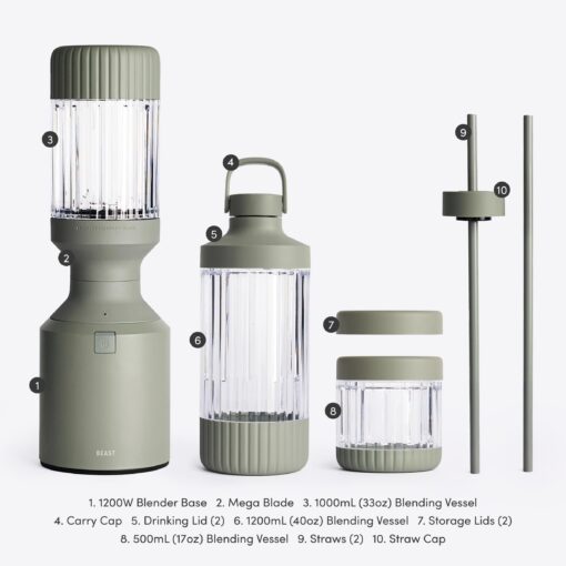 Beast Mega 1200 | Premium Countertop Blender | Smoothies, Shakes, Sauces, Dips, Soups | Blends Ice and Frozen Fruit | XL Vessel | Extra Vessels, Straw System Included | 1200W | (Sage, 120V) - Image 2